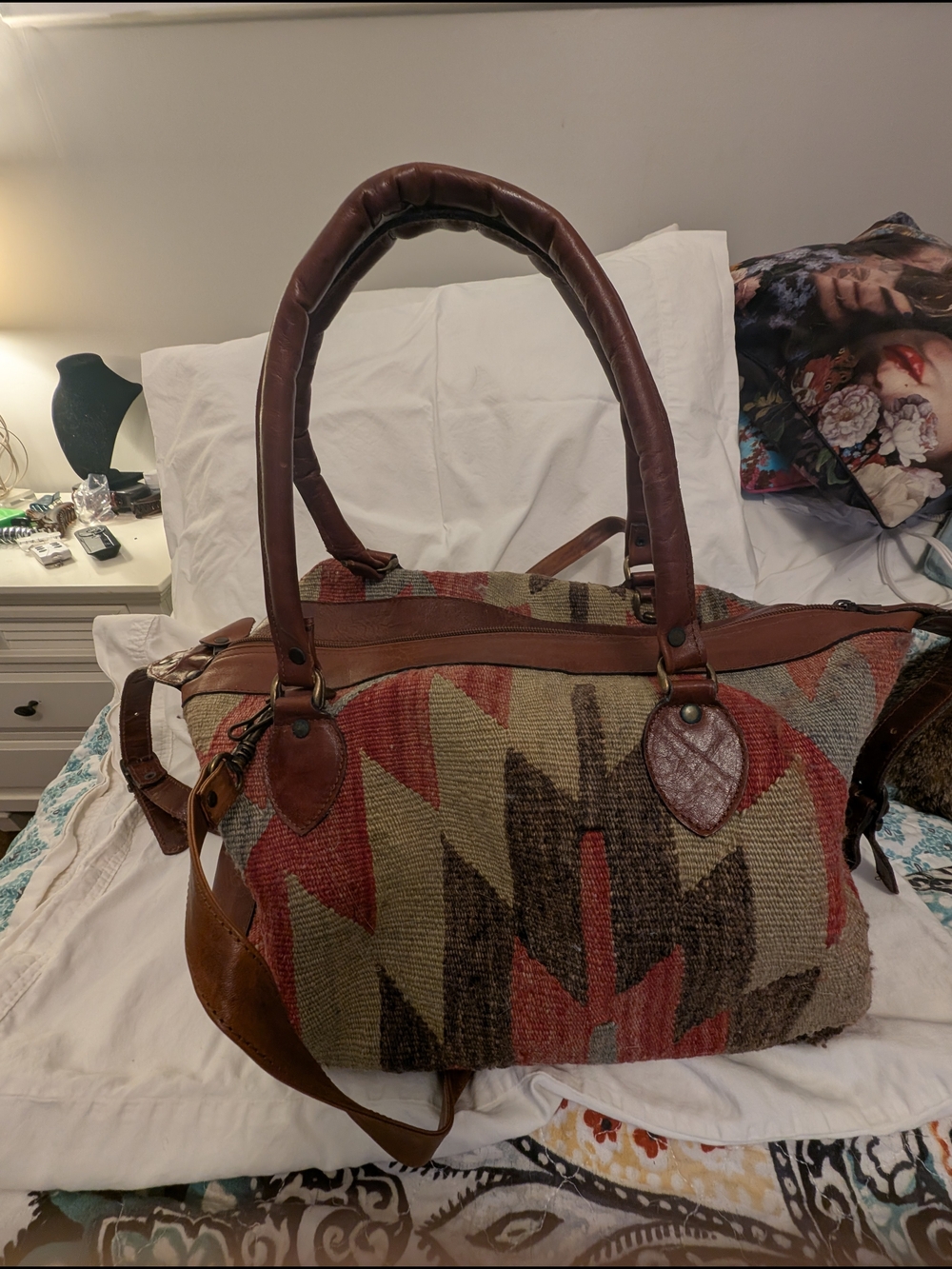 Stylish Bohemian Woven Weekender Bag By The Nomadic Collection in Brown and Red